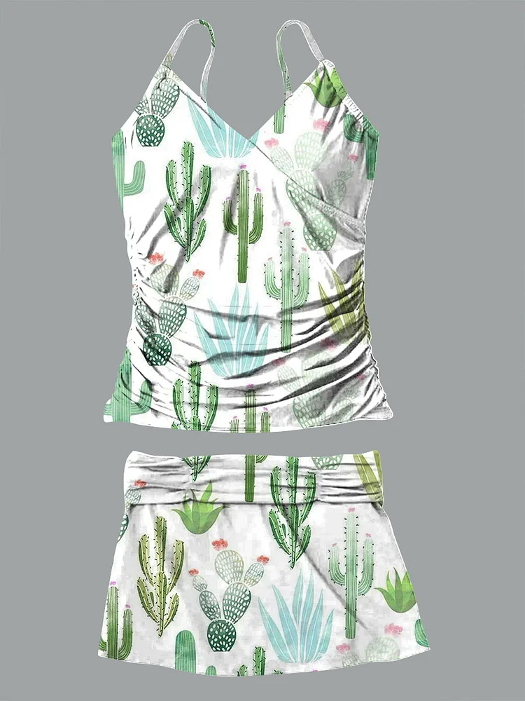 Summer Beach Vacation Cactus Pattern Art Print Suspender Skirt Bikini V Neck Set Swimsuit