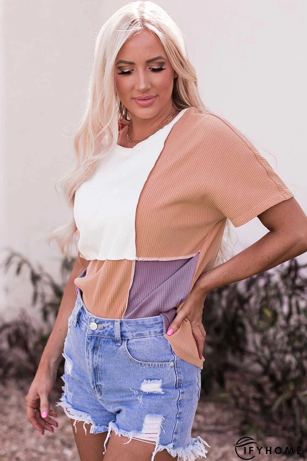 Orange Colorblock Stitching Short Sleeve Rib Knit Top | IFYHOME