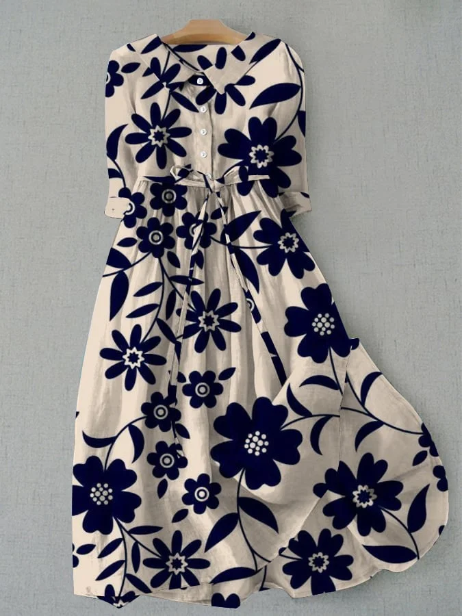 Women's Vintage Botanical Floral Design Print Lace-Up Dress