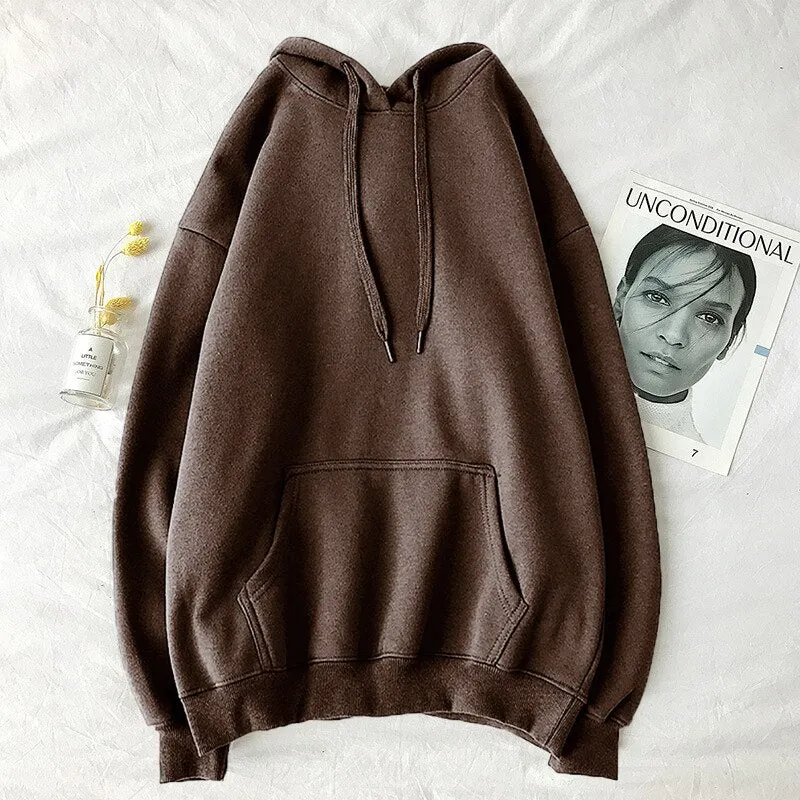 Solid Hoodies Women Autumn Long Sleeve Pocket Korean Oversized Hooded Sweatshirts Famale Casual Plus Velvet Hooded Pullovers Top
