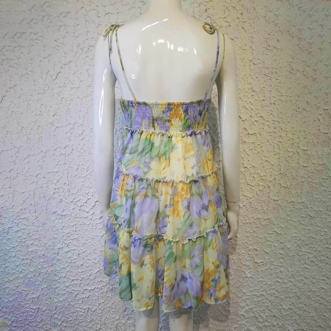 Sexy Chiffon Layer Ruffles Summer Strappy Dress Floral Print Holiday Backless Suspender Mini Dress