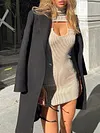 High-Neck Long Sleeve Hollow Split-Joint Sexy Slim Mini Dress
