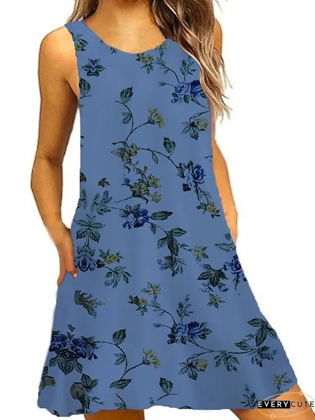 Casual Dress Tank Summer Graphic Floral Print Crew Neck Mini Fashion Classic Daily Holiday