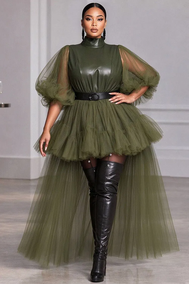 Xpluswear Design Plus Size Party Tulle Army Green Mock Neck Lantern Sleeve Half Sleeve High Low Hem Ruffle PU Leather Mini Dresses [Pre-Order] 2024 - Xpluswear