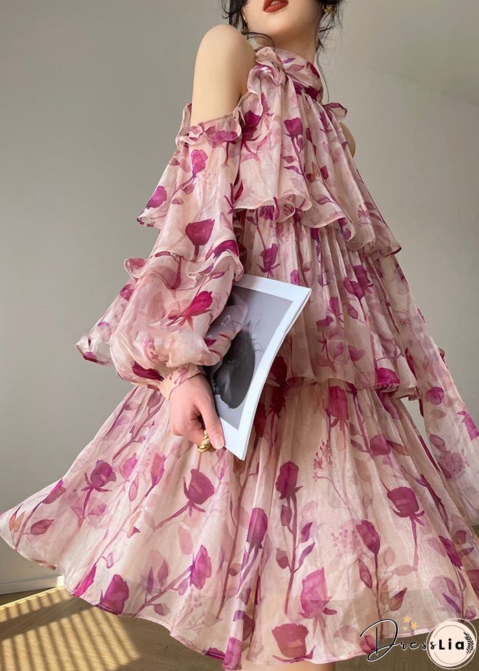 French Pink Print Ruffled Lantern Sleeve Cold Shoulder Dress