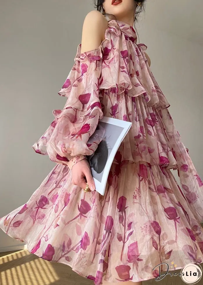 French Pink Print Ruffled Lantern Sleeve Cold Shoulder Dress