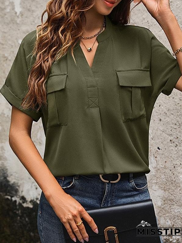 Solid Color V-neck Pocket Short-sleeved Shirt 22982116