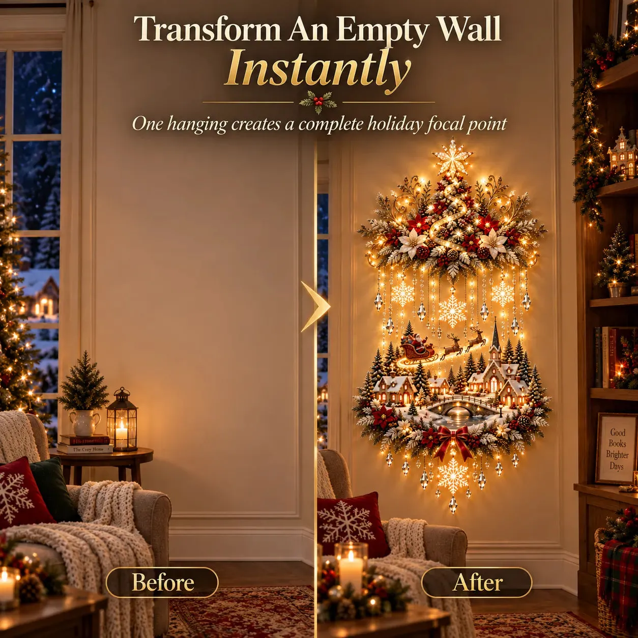 Illuminated Christmas tree village wall hanging detail