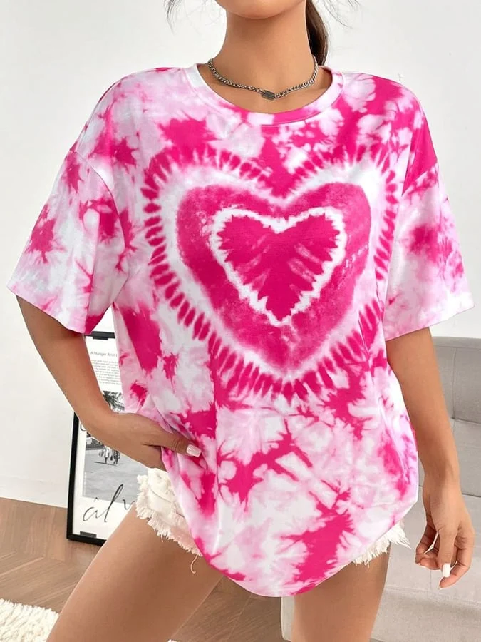 Women's Valentine’s Day Tie-Dye Love Heart Print Casual Tee