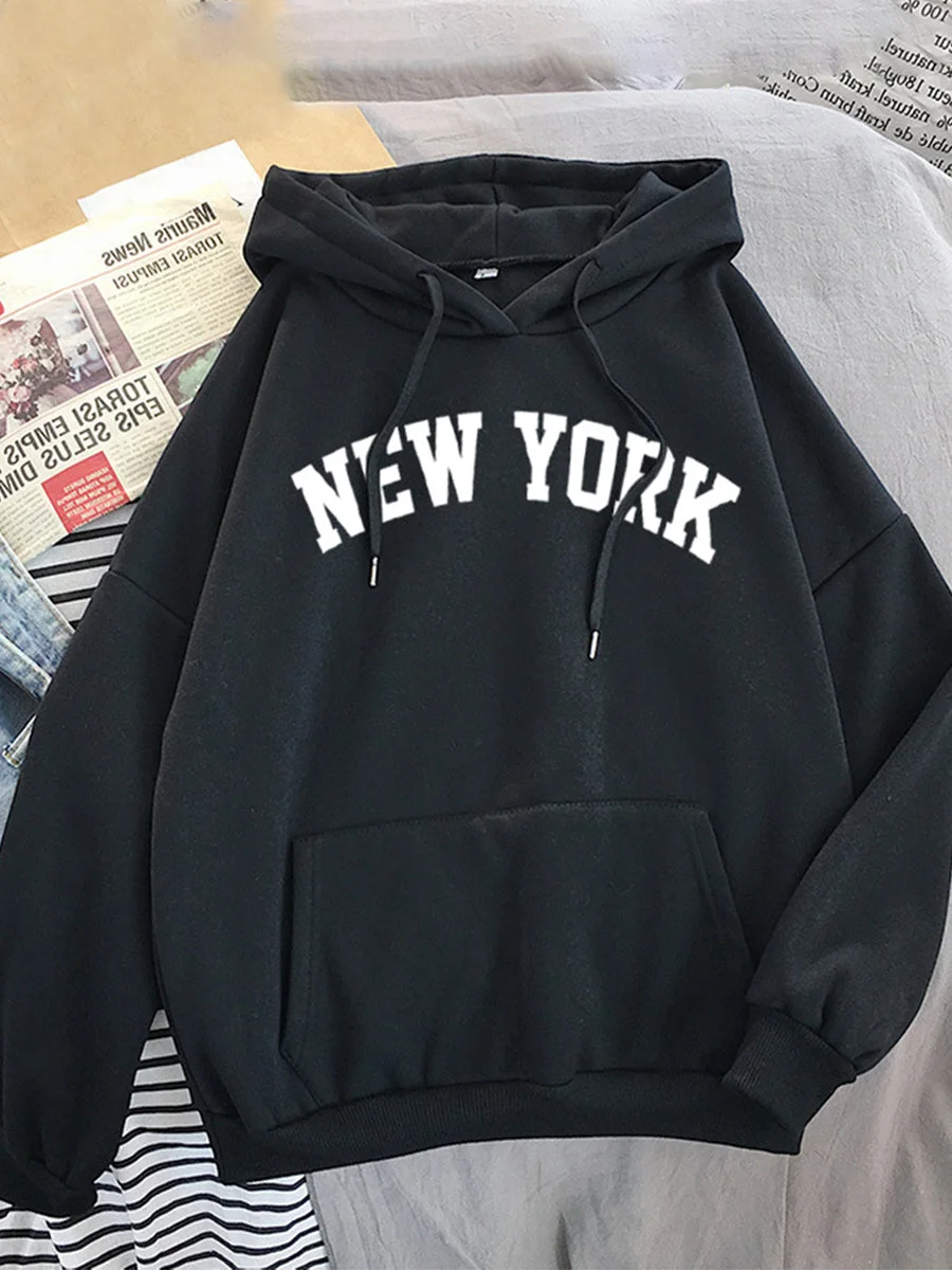 Pullover Hoodie New York Letters Print with Drawstrings Hooded Sweatshirt