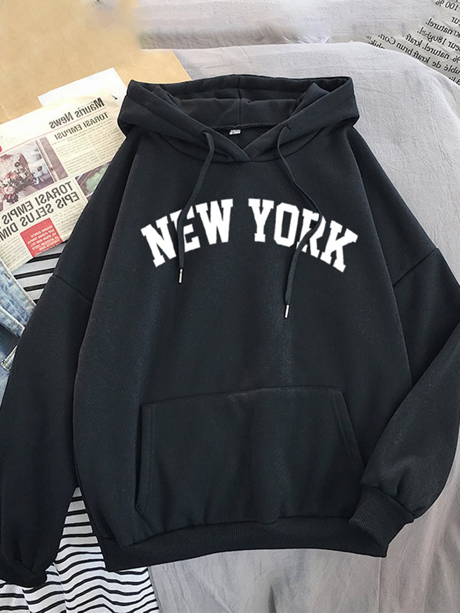 Pullover Hoodie New York Letters Print with Drawstrings Hooded Sweatshirt