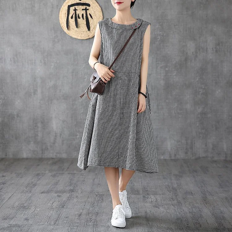 Women o neck sleeveless cotton linen clothes Women Shirts black white plaid Dress