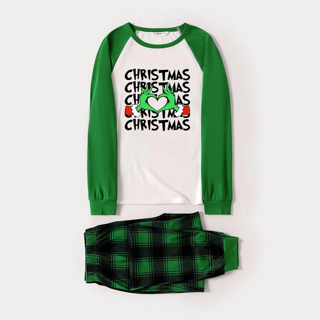 Christmas Text and Cartoon Pattern Print Long Sleeve Top With Green & Black Plaid Christmas Matching Pajamas