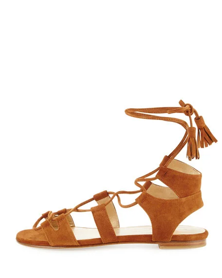 Tan Suede Lace-up Tassel Flat Sandals Vdcoo