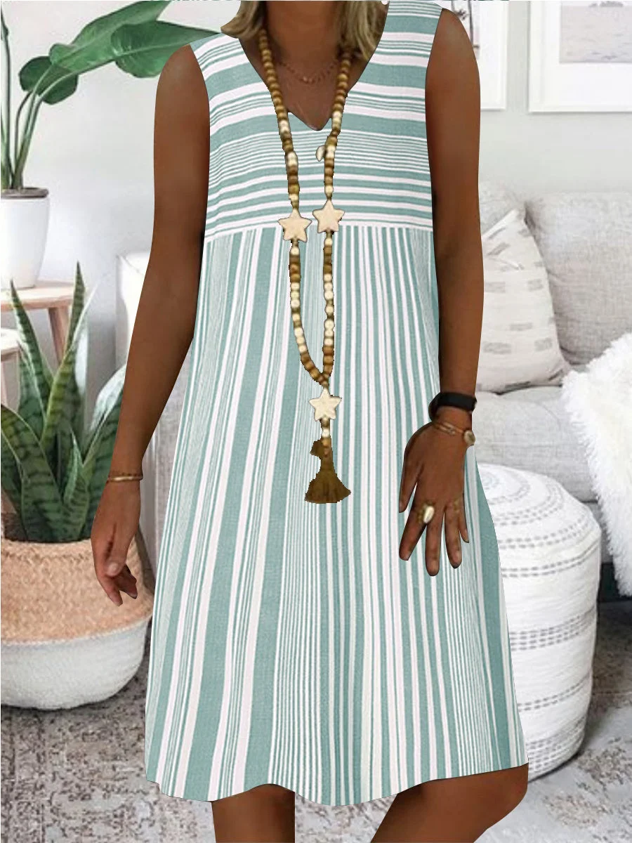 Women Sleeveless V-neck Striped Graphic Dress