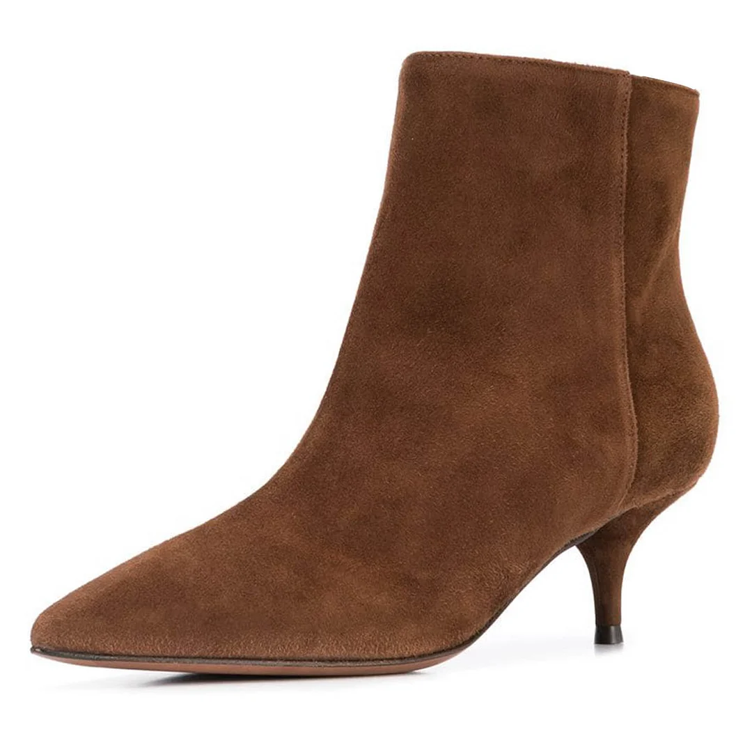 Vegan Suede Kitten Heel Pointed Toe Booties for Women in Brown