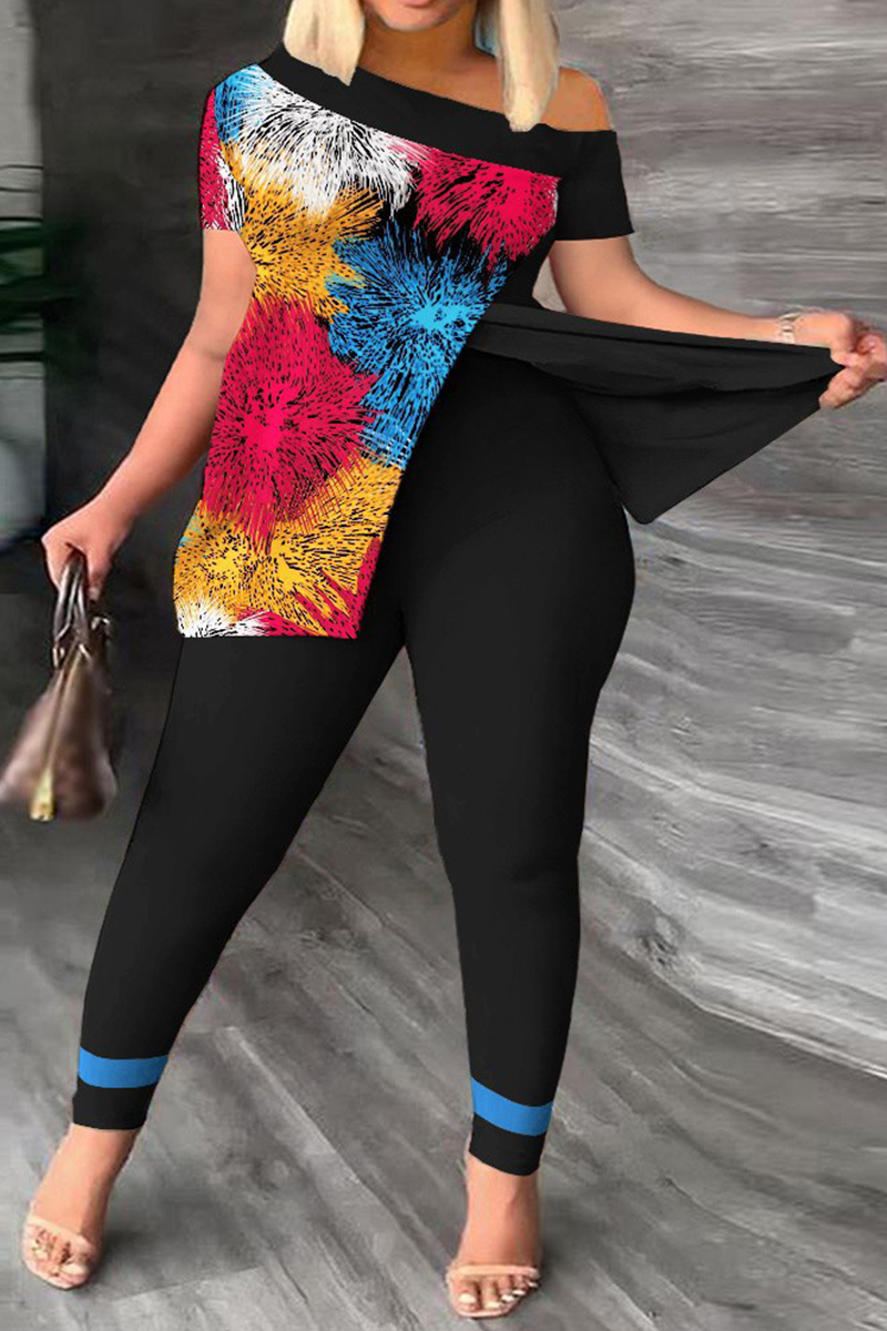 Colour Casual Print Slit Letter O Neck Short Sleeve Two Pieces