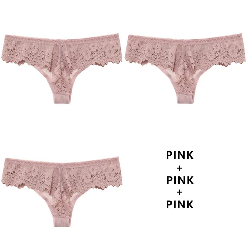 Meet'r 3Pcs/Lot Women Sexy Lace Lingerie Temptation Low-Waist Panties Embroidery Underwear Female Thong Transparent G String