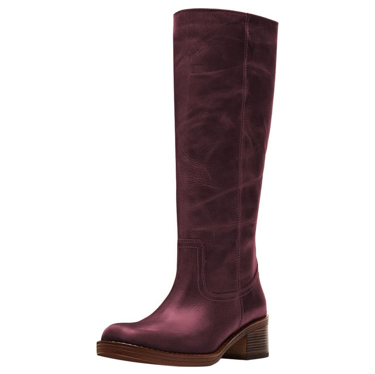 Comfy Maroon Vegan Leather Square Toe Block Heel Knee-High Boots