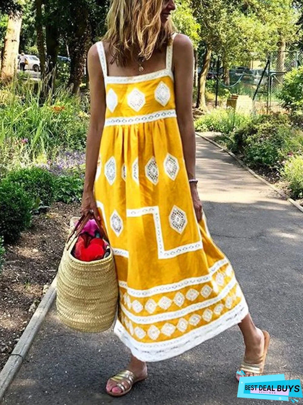 Women Boho Holiday Graphic Linen Maxi Dress