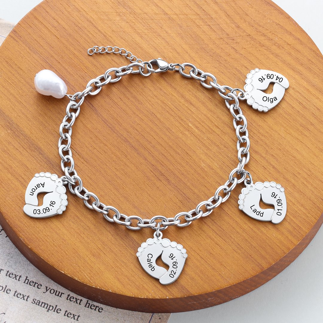 Bracelet 4 Prénom Personnalisé pied bebe avec perle