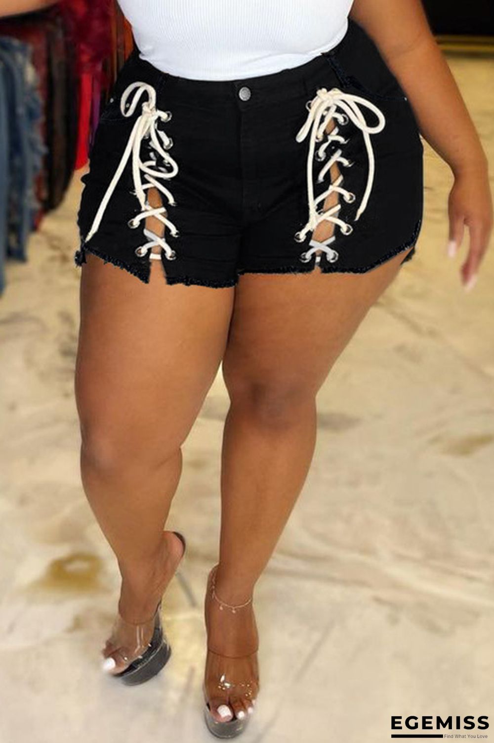 Black Fashion Casual Solid Bandage Regular High Waist Conventional Solid Color Plus Size Denim Shorts | EGEMISS