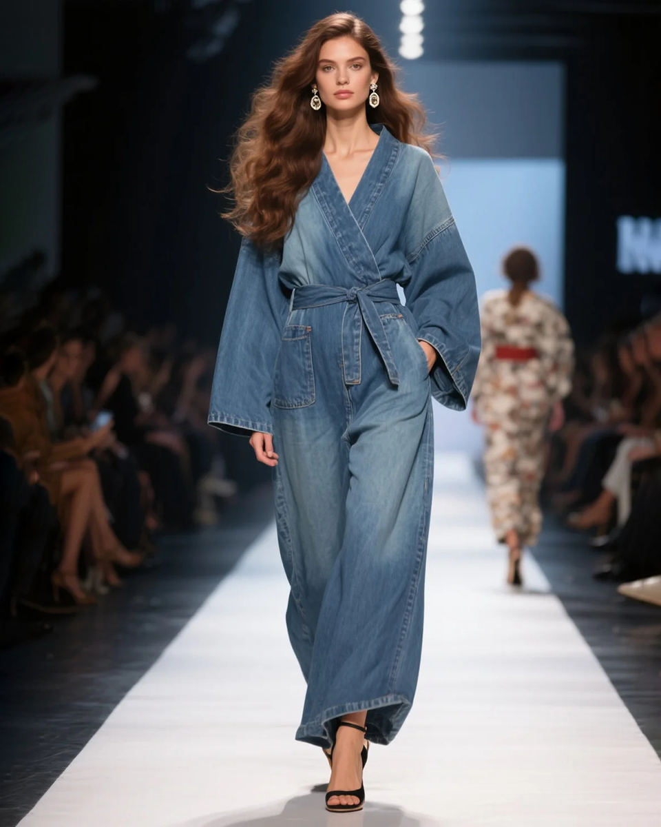 Women's Fashion Elegant Kimono V-neck Lace-up Long Sleeve High Waist Denim Jumpsuit