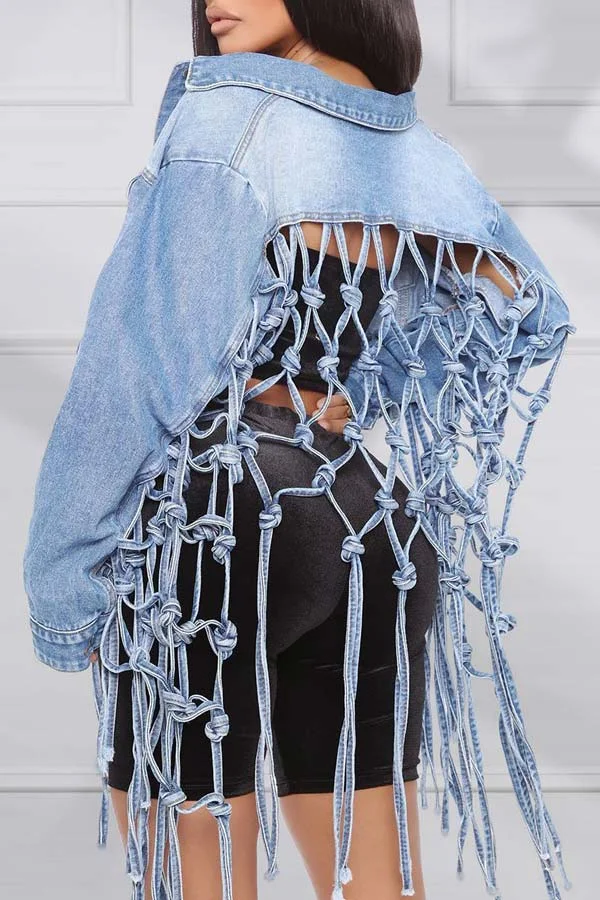 Fashion Fishnet-Back Denim Jacket