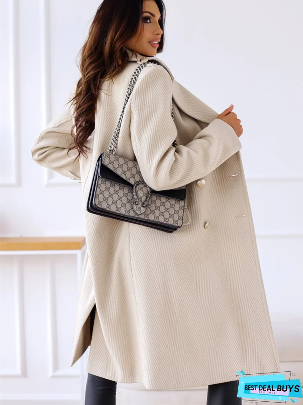 Solid Color Fashion Double-Breasted Mid-Length Coat