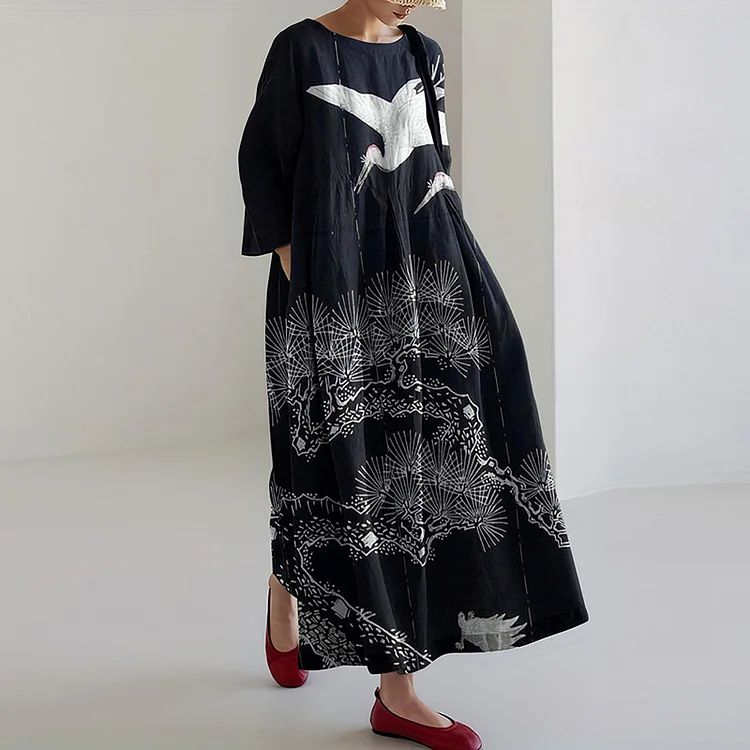 Vintage Japanese Crane Pine Art Print Casual Midi Dress