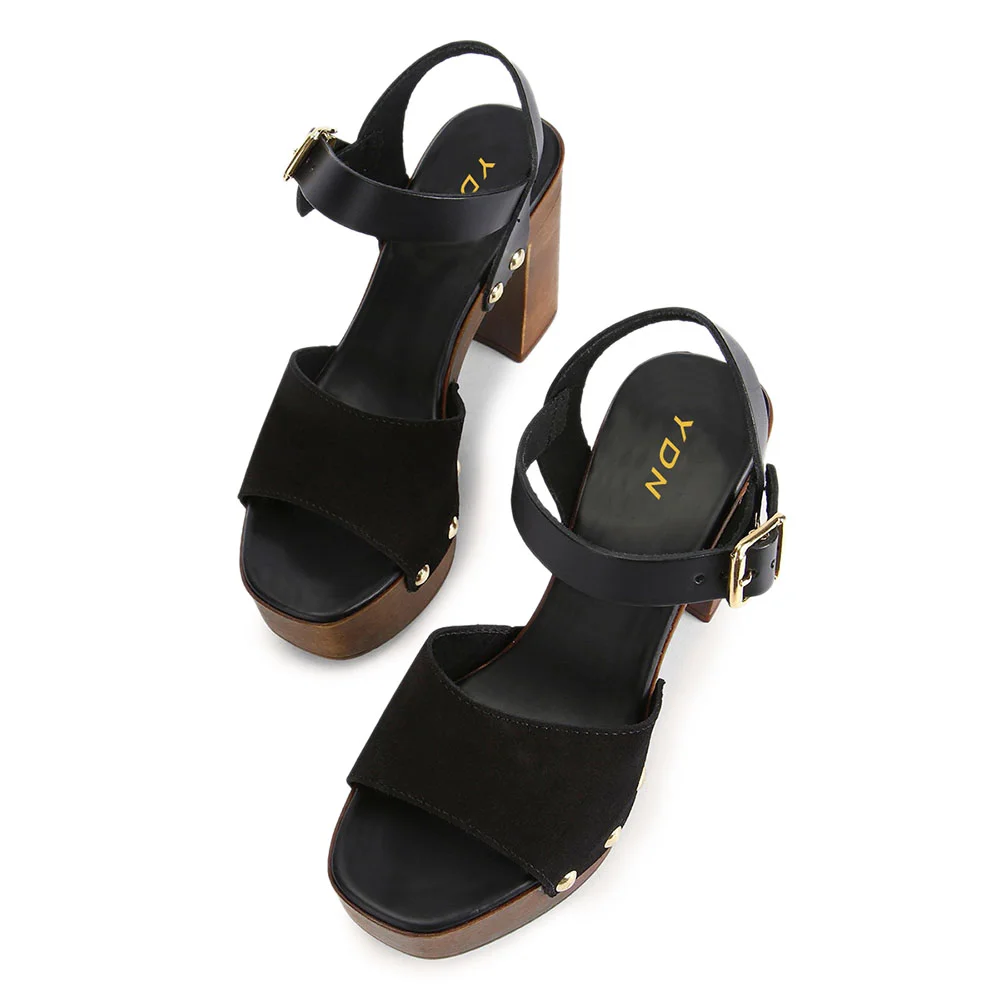 Black Patchwork Ankle Strap Open Toe Studded Women's Platform Heels