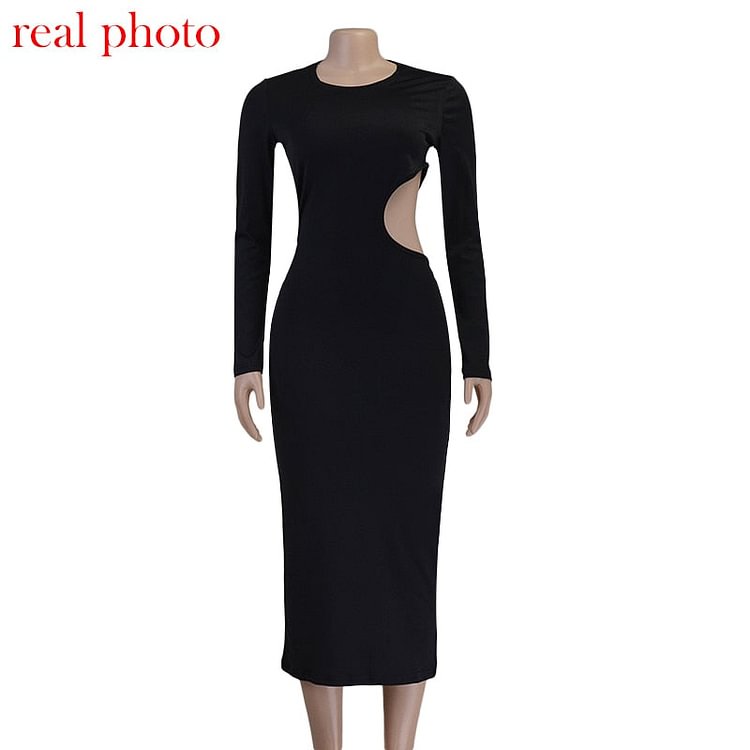Sexy Black Cut Out Round Neck Long Dress Women Elegant Long Sleeve Club Party 2022 Spring Dresses Skinny Clothes - BlackFridayBuys