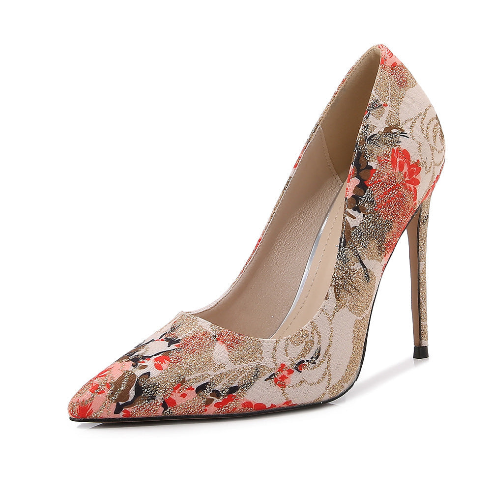 Women's vintage flower print stiletto pumps pointed toe stiletto heels