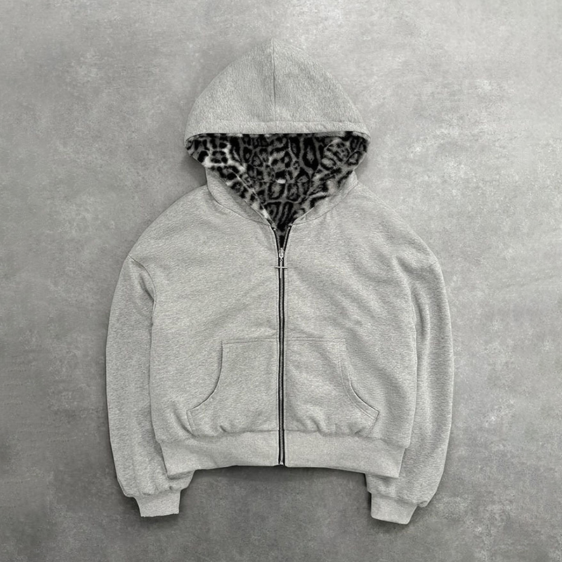 Street Casual Retro Lined Leopard Print Zip-up Hoodie