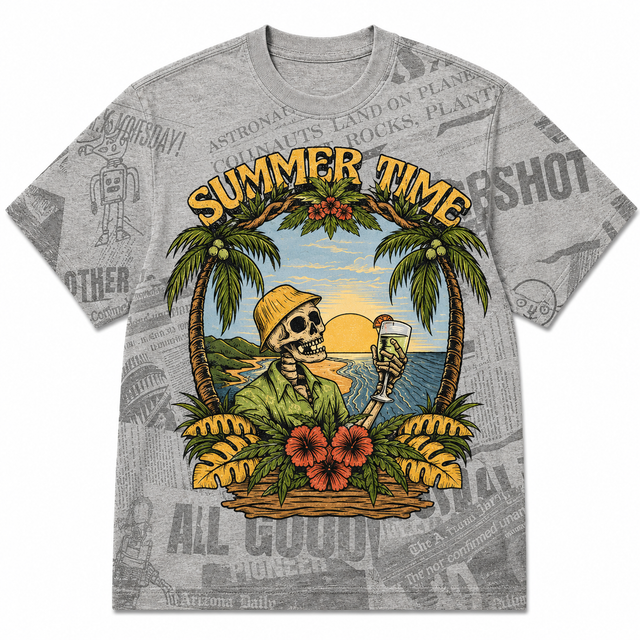 Surf Summer Time Cotton T-Shirt - Grey / Yellow / Orange