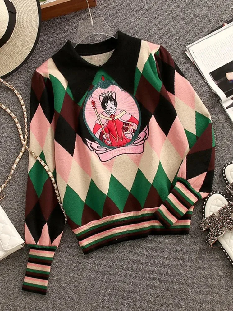 Huiketi And Winter Fashion Cartoon Embroidery Knitted Sweater Korean Style Women Lapel Collar Long Sleeve Loose Casual Jumpers