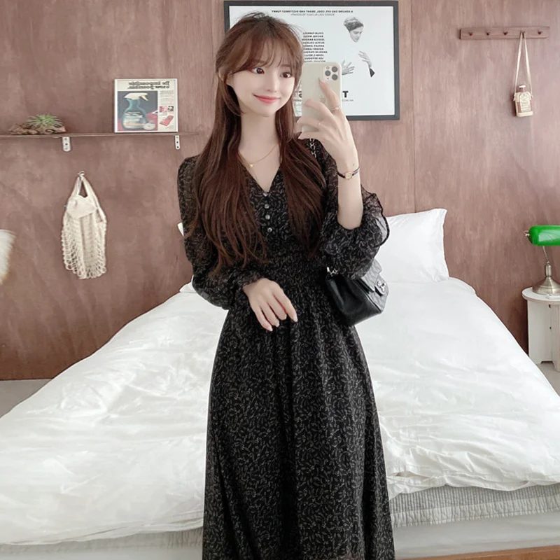Churchf Churchf Chic Spring French Sweet V Collar Full Screen Floral Design Pleated Feeling Waist Show Thin Long-Sleeved Dress