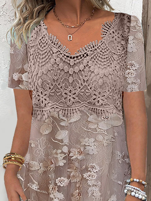 Women's Short Sleeve V-neck Floral Printed Lace Stitching Midi Dress