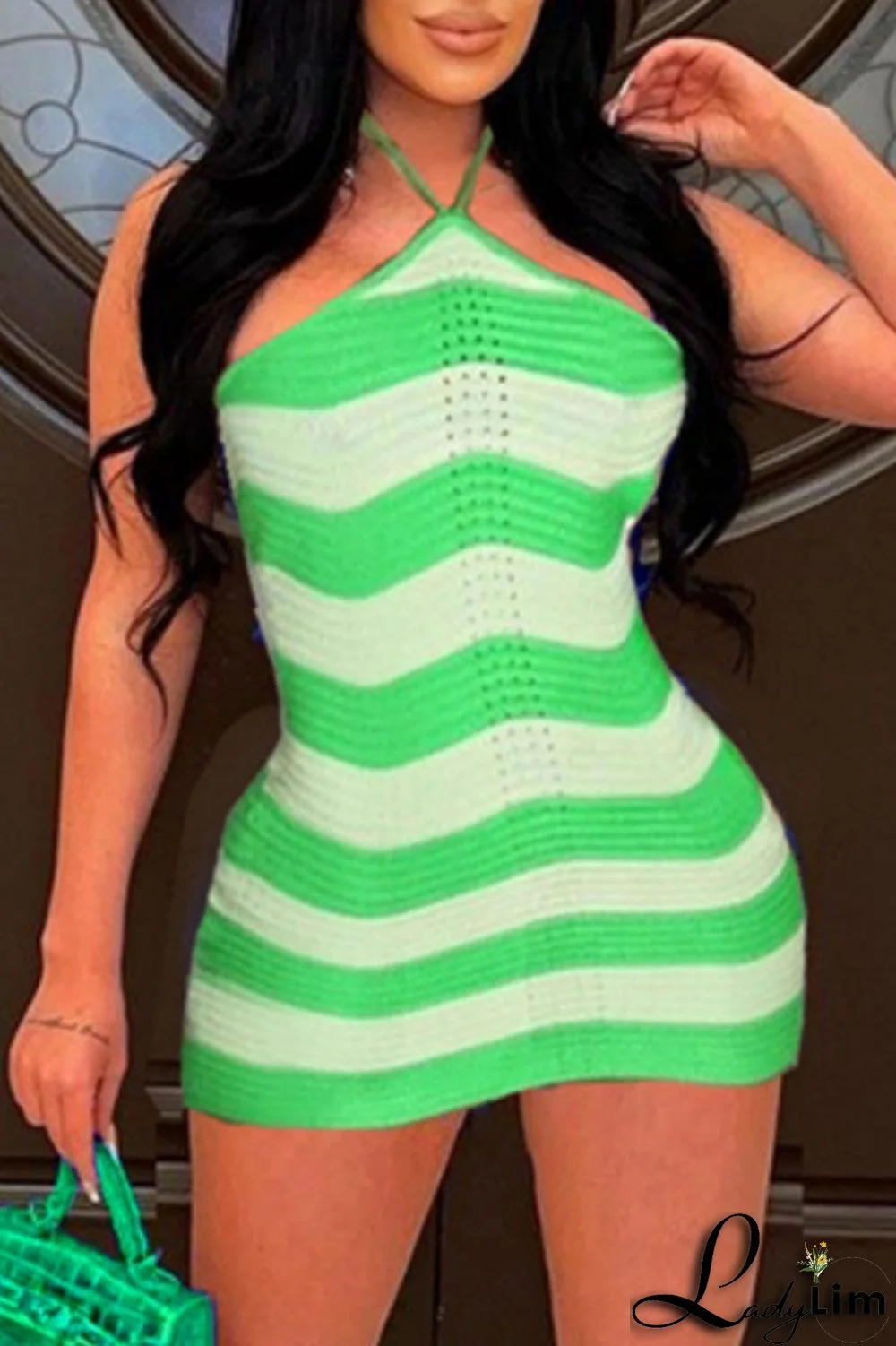 Green Sexy Patchwork Bandage Backless Contrast Halter Sleeveless Dress Dresses