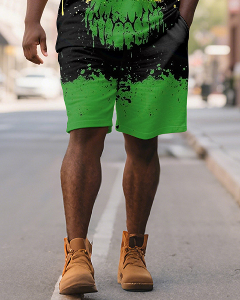 Men's Plus Size Green Yellow Black Colorblock Skull Print Short Sleeve Polo Shirt Shorts Suit