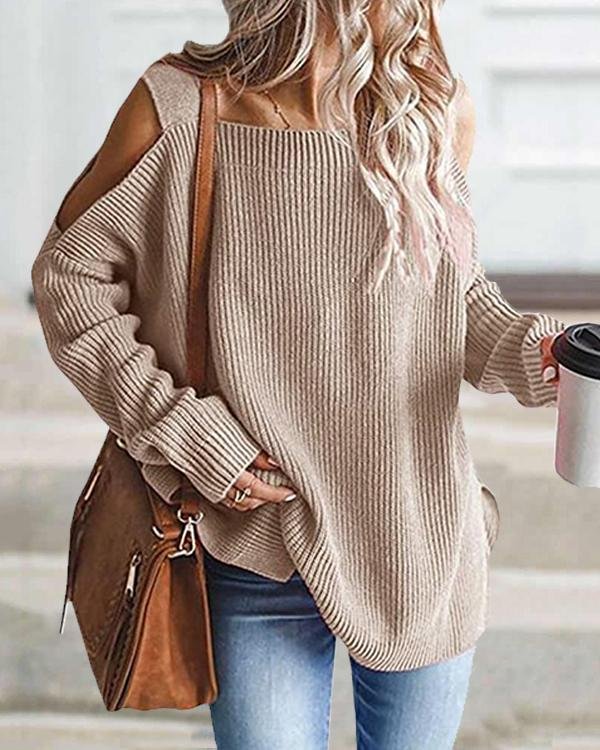 Plain Long Sleeve Casual Loose Cold Shoulder Sweater - Chicaggo
