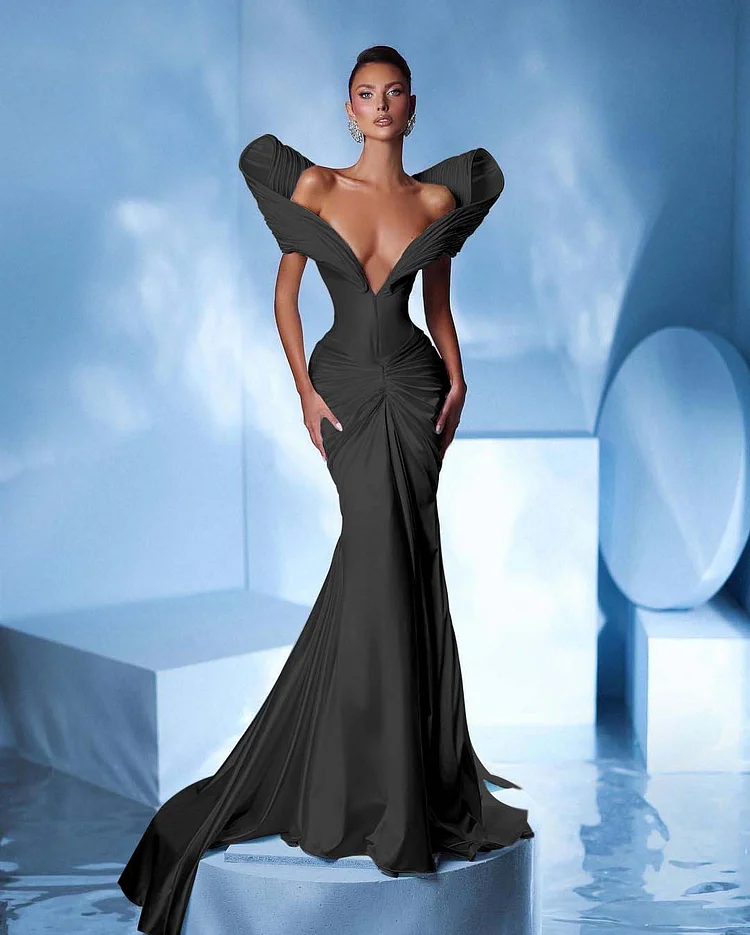  Off the Shoulder Sleeveless Mermaid Long Prom Dress With Pleated LY0035