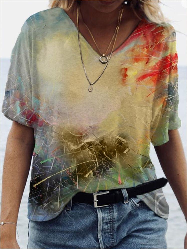 Women's New Art Style Printing Half-sleeve V-neck T-shirt