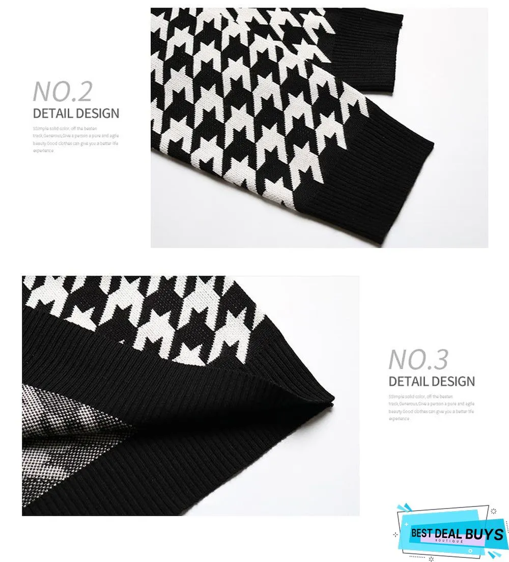 Long-Sleeved Thousand Bird Geiger V Collar Bottom Knitted Sweater Girl