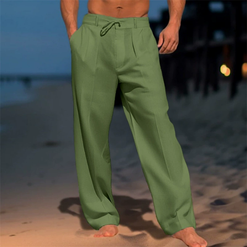 Men's Casual Solid Color Cotton And Linen Comfortable Vacation Trousers