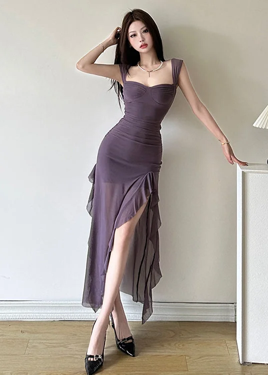 Sexy Purple Ruffled Tulle Side Open Slim Fitting Suspender Dress