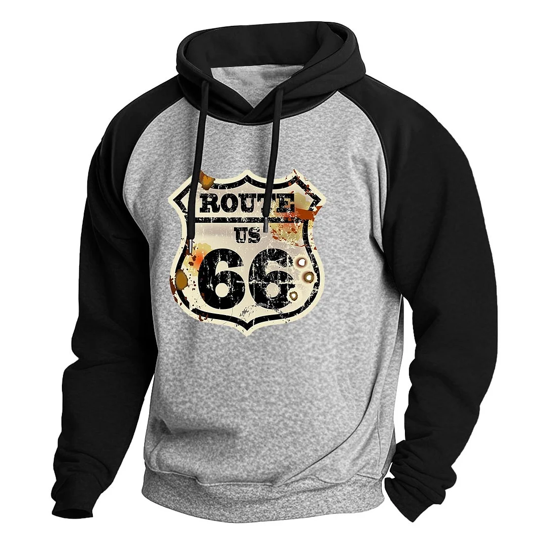 Men's Vintage Route 66 Road Trip Print Raglan Long Sleeve Hoodie