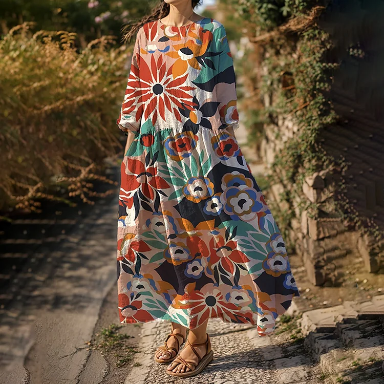 VChics Women's Floral Art Print Loose Cotton Linen Maxi Dress