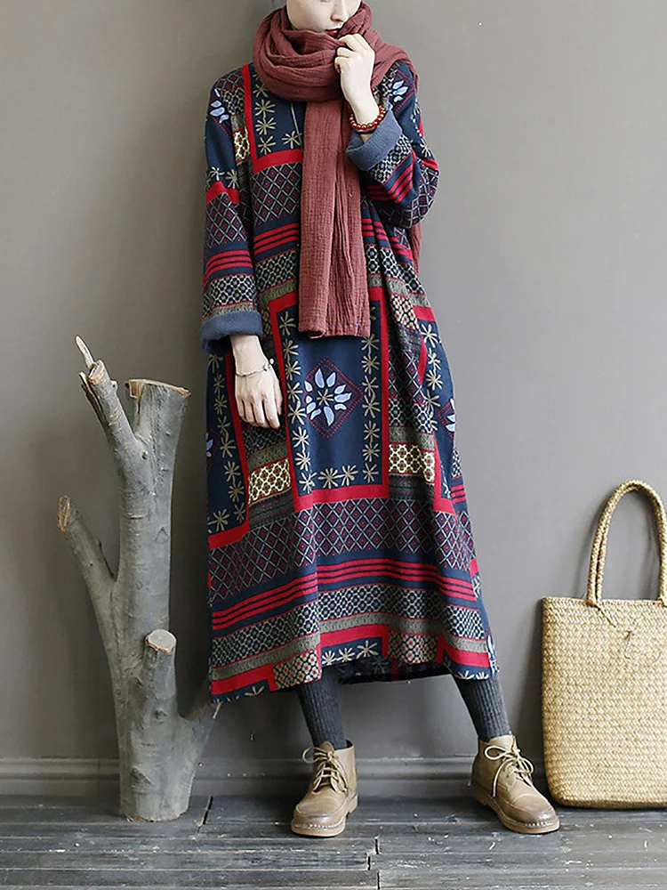 Women Winter Vintage Ethnic Pocket Print Loose Dress