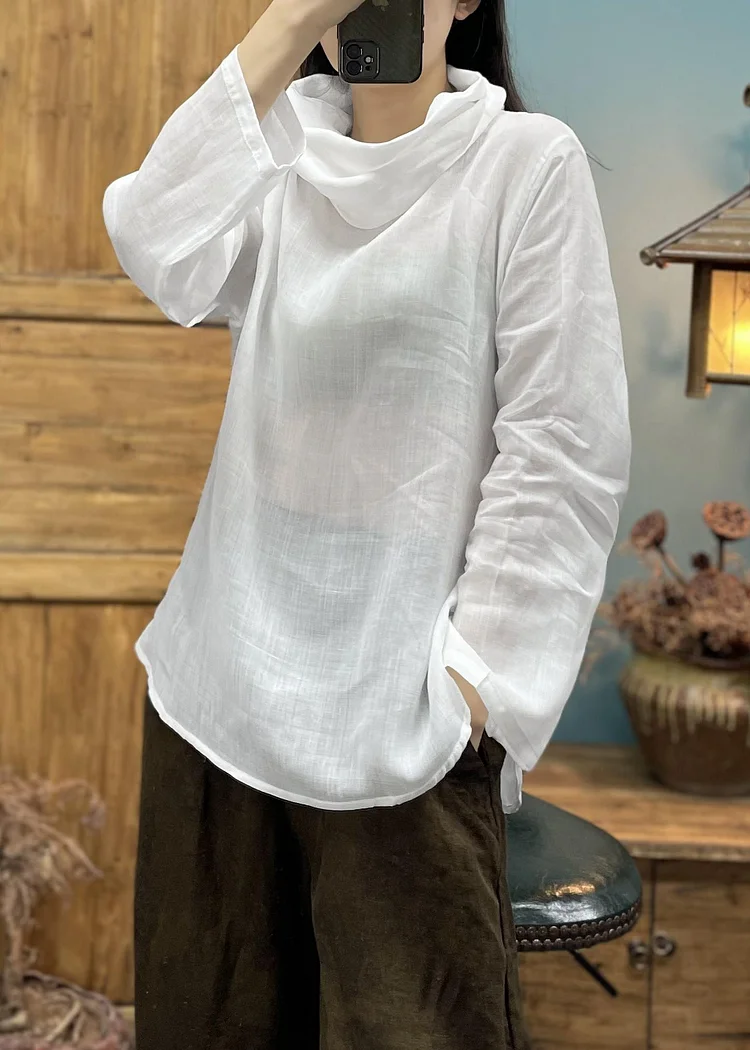 White Cozy Cotton T Shirts Turtleneck Long Sleeve